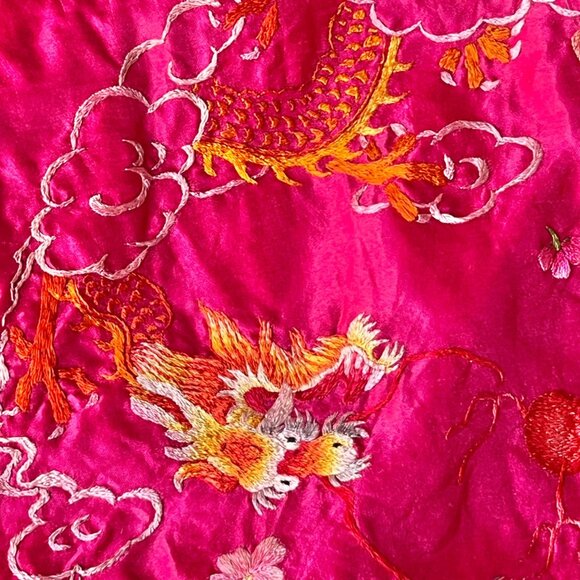 Embroidered Cushion Cover Pink Round Pleated Trim Dragon & Bird 18" D VTG READ - Picture 2 of 8